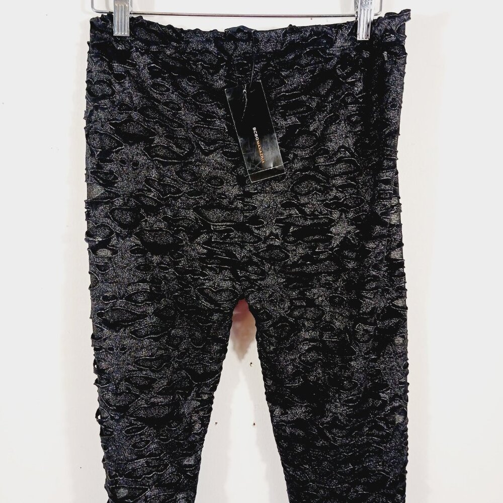 BCBG Maxazria, NWT Black Gunmetal Sheer Shiny Leggings W 3D Cutout Overlay, Goth - Picture 7 of 16